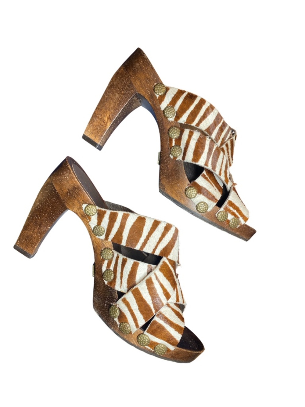 Bridget Shuster Y2K Zebra Calf Hair Wood Clog Mules Slides Shoes US 7 37